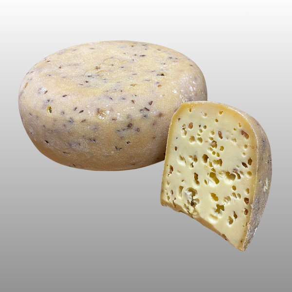 Rauwmelkse boerenkaas met fenegriek, romige bergkaas met eetbare natuurkorst en nootachtige smaak.