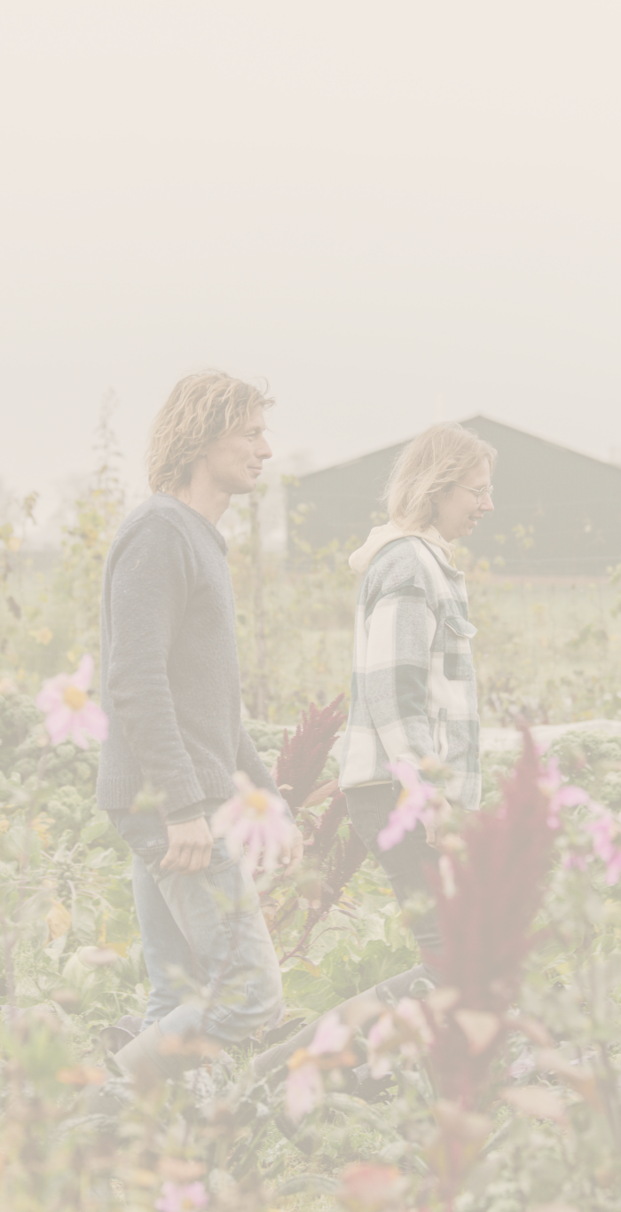 <p><strong>Wij zijn Gerjo en Jara, en samen dragen we Boerderij Ruimzicht. Op ons erf werken we in samenwerking met de natuur: bodem, plant en dier vormen hier een levend geheel, rijk aan biodiversiteit en met ruimte voor echt dierwaardig leven.<br/><br/>Wat hier groeit en bloeit, delen we graag met anderen. </strong></p>