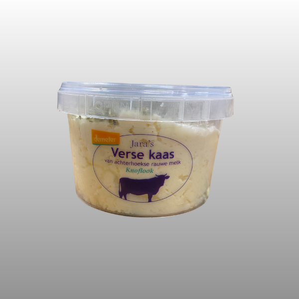 Smeerbare biodynamische knoflookkaas, lichte en romige verse kaas voor brood en toast.