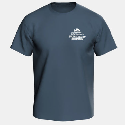 Biologisch T-shirt met dubbel logo: Boerderij Ruimzicht en Ruimzicht op de Melkweg.