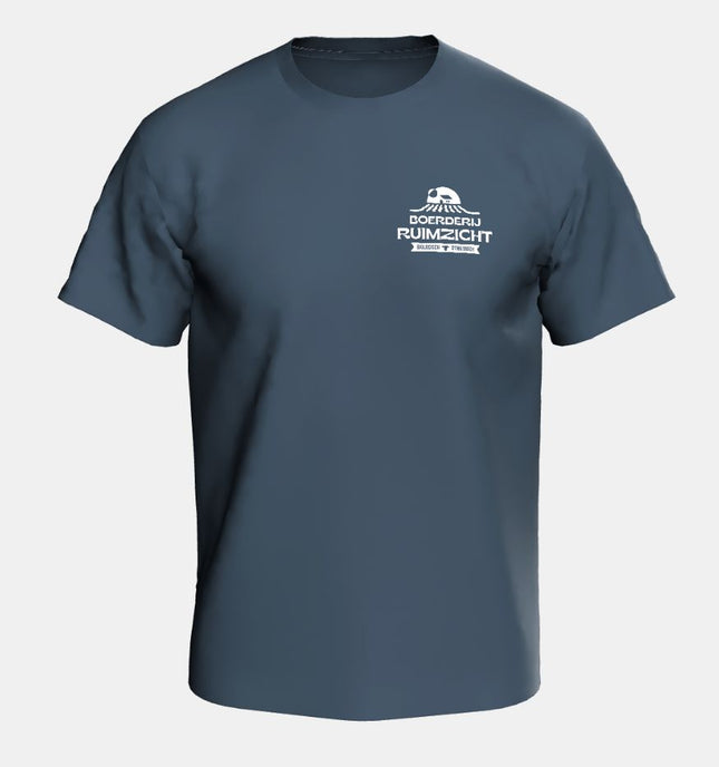 Biologisch T-shirt met dubbel logo: Boerderij Ruimzicht en Ruimzicht op de Melkweg.