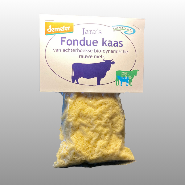 Fonduekaasmix met natuurkorst, handgesneden boerenkazen en bijgeleverd recept.